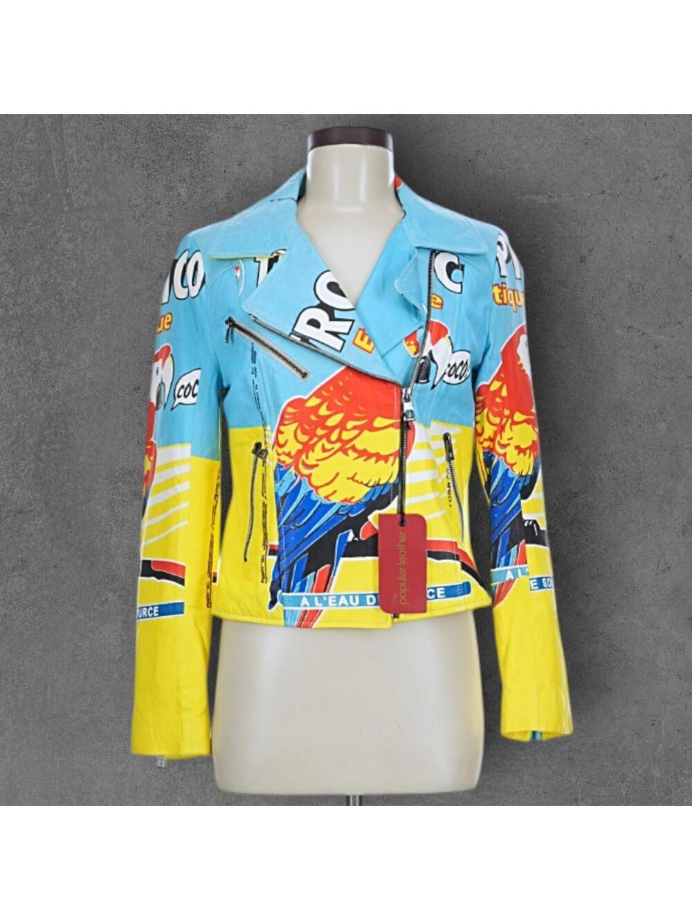 Sungate Fashion Graphic Parrot Moto Jacket Hand Painted 100% Natural Leather